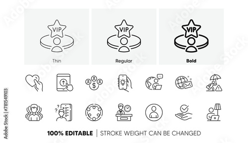 Inclusion, Group and Hold heart line icons. Pack of Swipe up, Floor lamp, Vip table icon. Buying currency, Risk management, World mail pictogram. Survey, Approved, Outsource work. Line icons. Vector