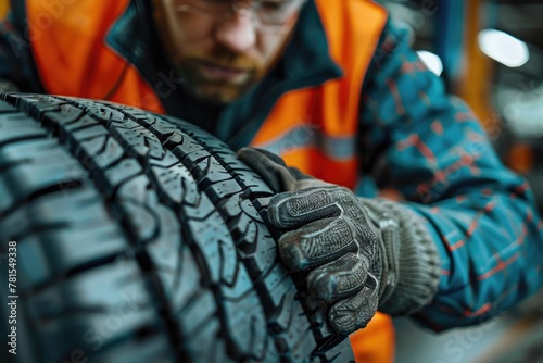 Male worker repairing tires in a service station photo