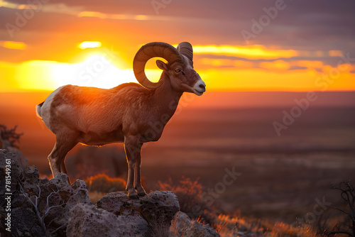 Sunset Standoff: A Majestic Bighorn Sheep Basks in the Breathtaking Beauty of New Mexico's Landscape photo
