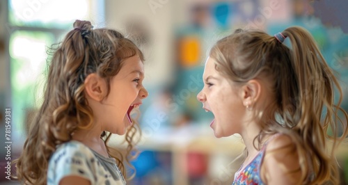 Two teenage girls argue furiously and shout at each other in heated disagreement. The topic of communication difficulties in school and kindergarten.