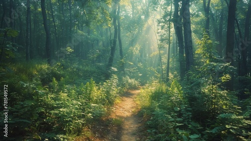Sunlight Filtering Through Trees on Forest Path