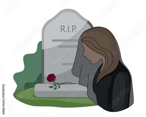 A woman in mourning. A girl in a black veil in a cemetery. A grieving mother on the background of a grave. Vector illustration for a funeral.