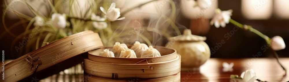 Chinese dim sum in a steam basket, with each dumpling crafted to resemble the Terracotta Army, served with tea that blooms into a lotus, symbolizing the Great Wall Chinese dim sum in a steam basket, with each dumpling crafted to resemble the Terracotta Army, served with tea that blooms into a lotus, symbolizing the Great Wall