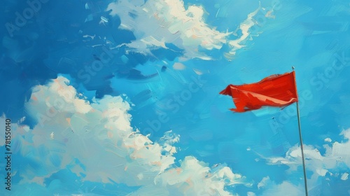 Red flag in sky with clouds