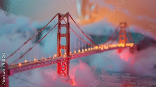 Clay model of the Golden Gate Bridge, fog rolling in, dusk colors on a white canvas