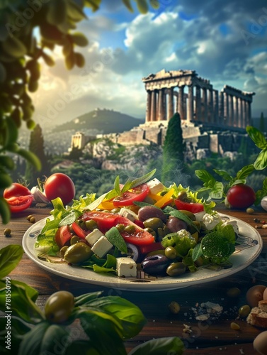 Greek salad where each ingredient represents an element from ancient myths, served on a plate that projects the Parthenon in 3D