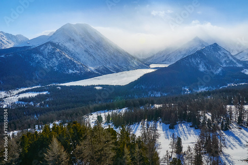 Snow-covered winter mountain lake, Russia, Siberia, Altai mountains.