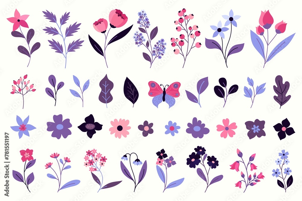 Cute Hand Draw Flowers Leaves Collection Pink Purple Spring Flowers Set