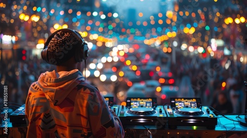 DJ Mixing on Turntable Amid Colored Smoke