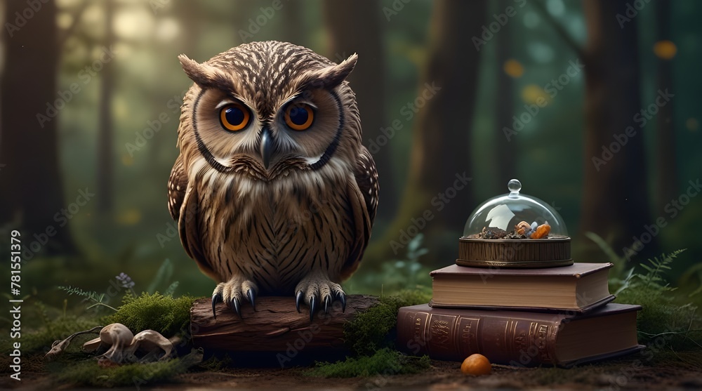 Fantasy wide sleeping owl is the keeper of secrets hol .Generative AI - obrazy, fototapety, plakaty 