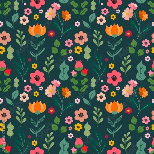 Folk Floral Seamless Pattern Romantic Wildflowers Pattern Green Background