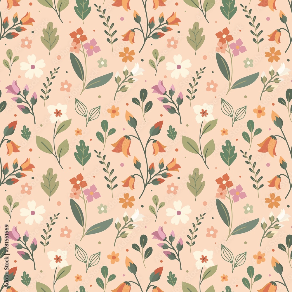 Spring Floral Seamless Pattern Cute Romantic Wildflowers Pattern Beige Background