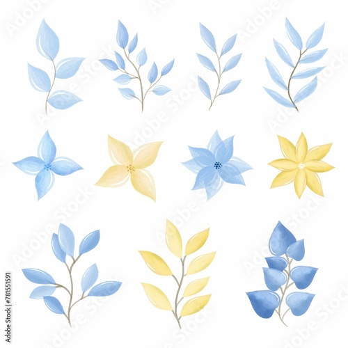 Watercolor Blue Yellow Flowers Leaves Set