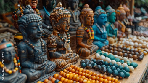 Row of Totem Poles on Wooden Table