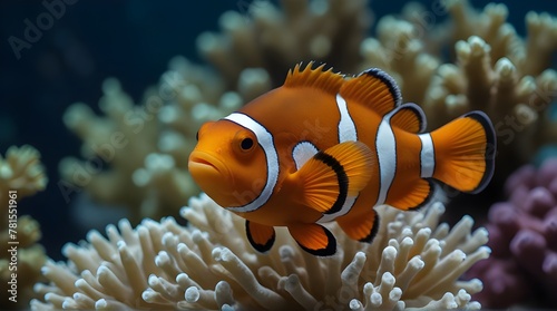 Amphiprion ocellaris clownfish in marine aquarium. Orange corals in the background. Colorful pattern, texture, wallpaper, panoramic underwater view .Generative AI © ourhome
