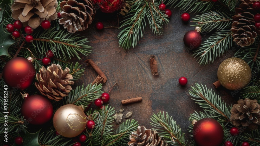Fototapeta premium Christmas wreath with festive pine cones and baubles