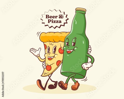 Groovy Pizza and Beer Retro Characters Label. Cartoon Slice and Bottle Walking Smiling Vector Food Mascot Template. Happy Vintage Cool Fast Food Illustration with Typography Isolated