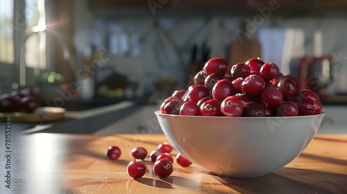 a pile cranberries on clean modern kitchen table, in fruit bowl.