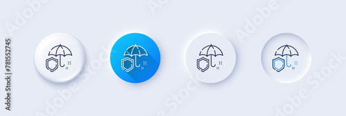 Umbrella line icon. Neumorphic, Blue gradient, 3d pin buttons. Rain defence sign. Safe insurance symbol. Line icons. Neumorphic buttons with outline signs. Vector
