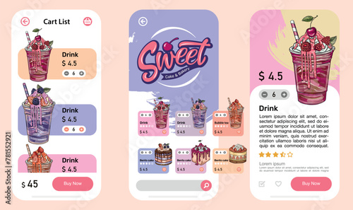 Manufacturing onboarding mobile app screen vector template. Hand drawn vector template of menu with desserts . Walkthrough website steps with flat characters. UX, UI, GUI smartphone cartoon interface 