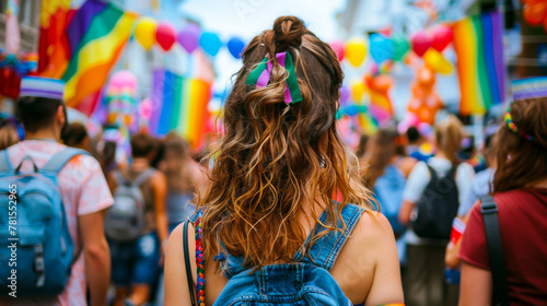 Colorful Back View of LGBT Community Parade with Flags 