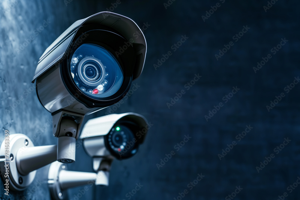 Security cameras mounted on a wall surveilling the area, with copy space Security cameras mounted on a wall surveilling the area, with copy space