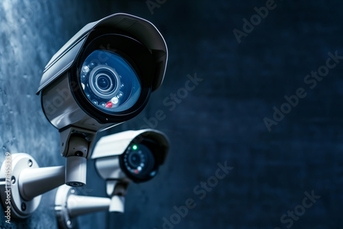 Security cameras mounted on a wall surveilling the area, with copy space