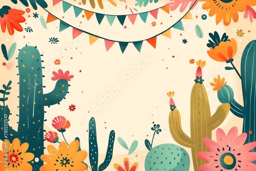 design frame for cinco de mayo with flowers and cactus, flags. mexican design element for websites or social media, background cards invitation wallpaper sticker decoration free space for text photo