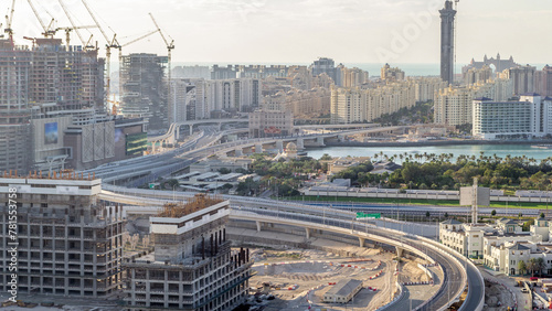 Palm Jumeirah Highway bridge aerial timelapse. Dubai, United Arab Emirates photo