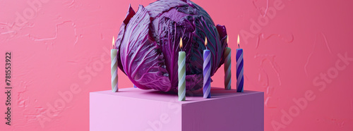 A photorealistic image of an isolated purple cabbage on top of a pink cube with birthday candles on it photo