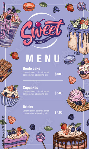 Hand drawn vector template of menu with desserts, sweets and bakery products. Design with sketch cake, cupcake, macaroons,  bento cake, waffle
