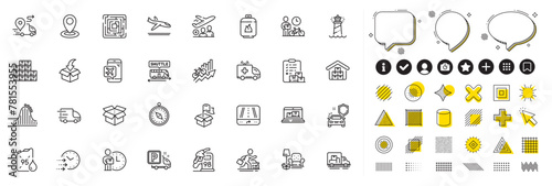 Set of Open box, Gps and Delivery time line icons for web app. Design elements, Social media icons. Delivery, Wholesale goods, Car secure icons. Bike courier, Shuttle bus, Petrol station signs. Vector