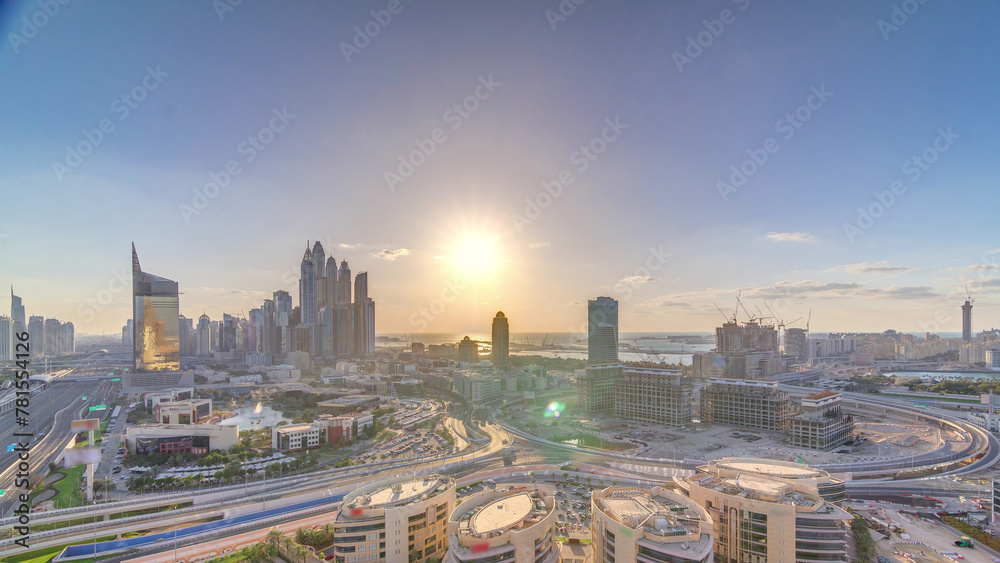 Sunset over Dubai Media City with Modern buildings aerial timelapse, United Arab Emirates