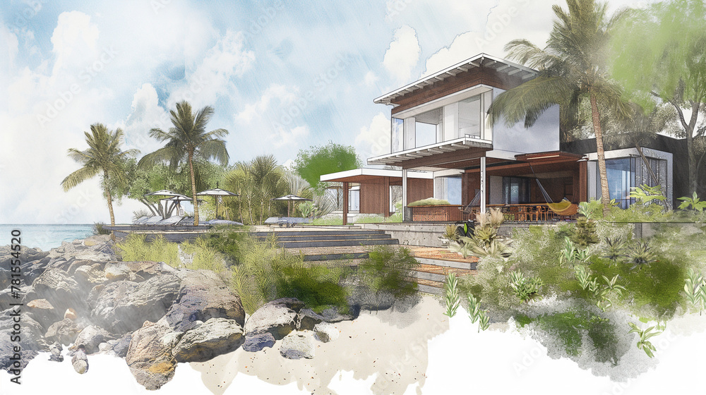 Luxurious Beachfront Villa Sketch amidst Tropical Scenery