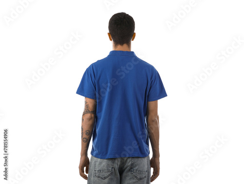 Handsome young man in stylish blue t-shirt on white background, back view