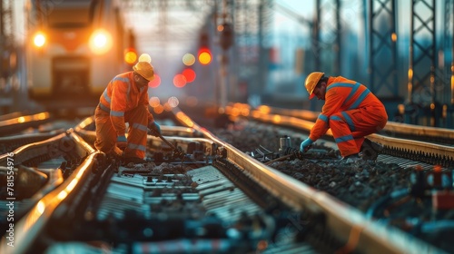 two male railway workers, clad in fluorescent orange workwear, as they perform mechanical actions on railway tracks under a high-saturation industrial style setting.