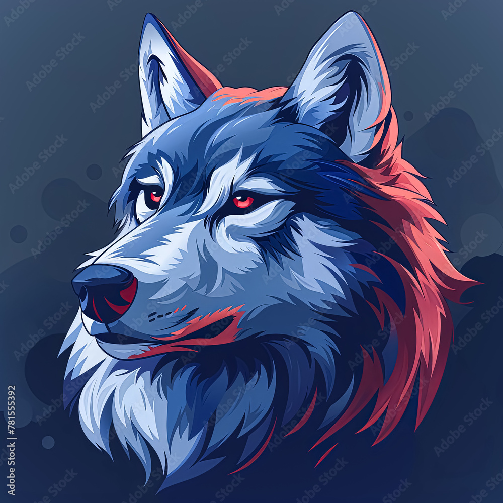 A wolf with red eyes and a blue mane. The wolf has a fierce and powerful look to it