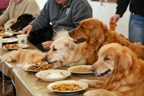 Multiple Dogs Eating Together Around a Table photo