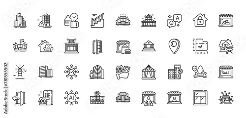 Home facility, Furniture moving and Distribution line icons pack. AI, Question and Answer, Map pin icons. Open door, Floor plan, Hospital building web icon. Vector