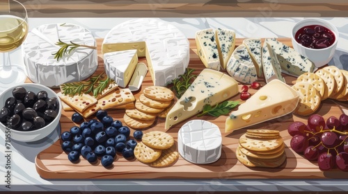 a cheese board, featuring blue cheese, brie, camembert, cheddar, Emmental, goat cheese, ricotta, and havarti, accompanied by antipasto and of square and round crispy crackers, beautifully arranged.