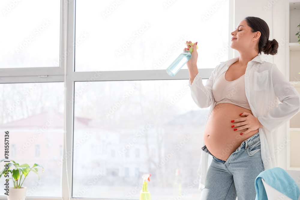 Young pregnant woman with spray bottle of detergent at home Young pregnant woman with spray bottle of detergent at home