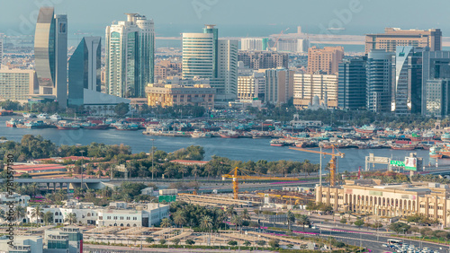 View of new modern skyscrapers in luxury Dubai city, United Arab Emirates Timelapse Aerial