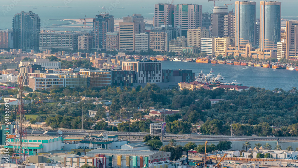 Obraz premium Aerial view of modern city of Dubai with blue sky aerial timelapse