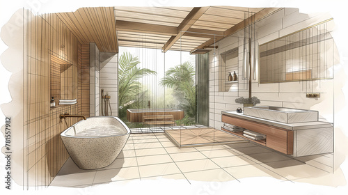 Luxurious Modern Bathroom Interior Sketch with Sunlight