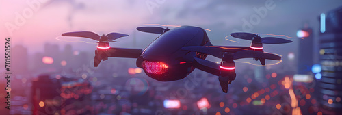 Futuristic NX Drone Deployed Over Urban Landscape at Dusk photo