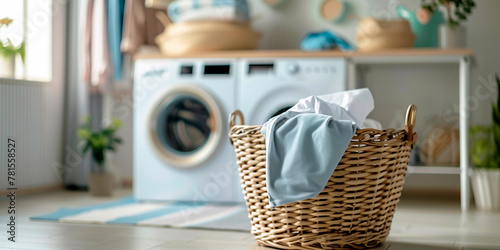 Basket with clothes in laundry room with washing machine on background © KEA