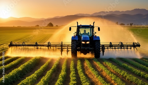 tractor sprays fertilizer on agricultural plants on the rapeseed field, agricultural crop at sunset with information infographic data for agriculture industry and food supply production concepts.