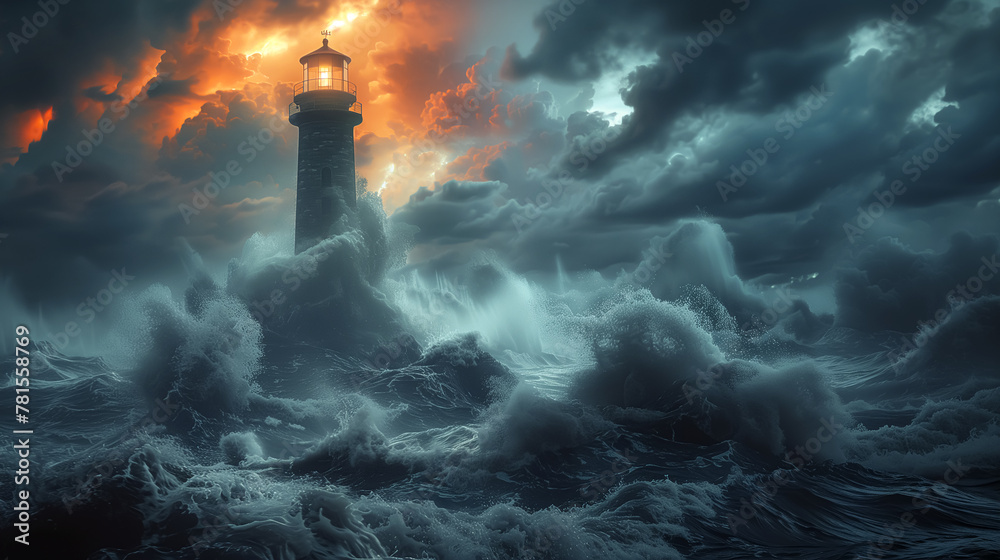 Lighthouse in the middle of a stormy ocean. Large waves and dark clouds with an orange light from the lighthouse. Fantasy art style.