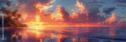 A beautiful sunset on the beach with palm trees and mountains on the background. A fantasy world in digital art style. Banner illustration with copy space for text.