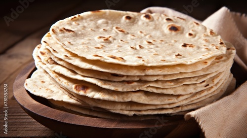 a stack of tortillas on a wooden plate
